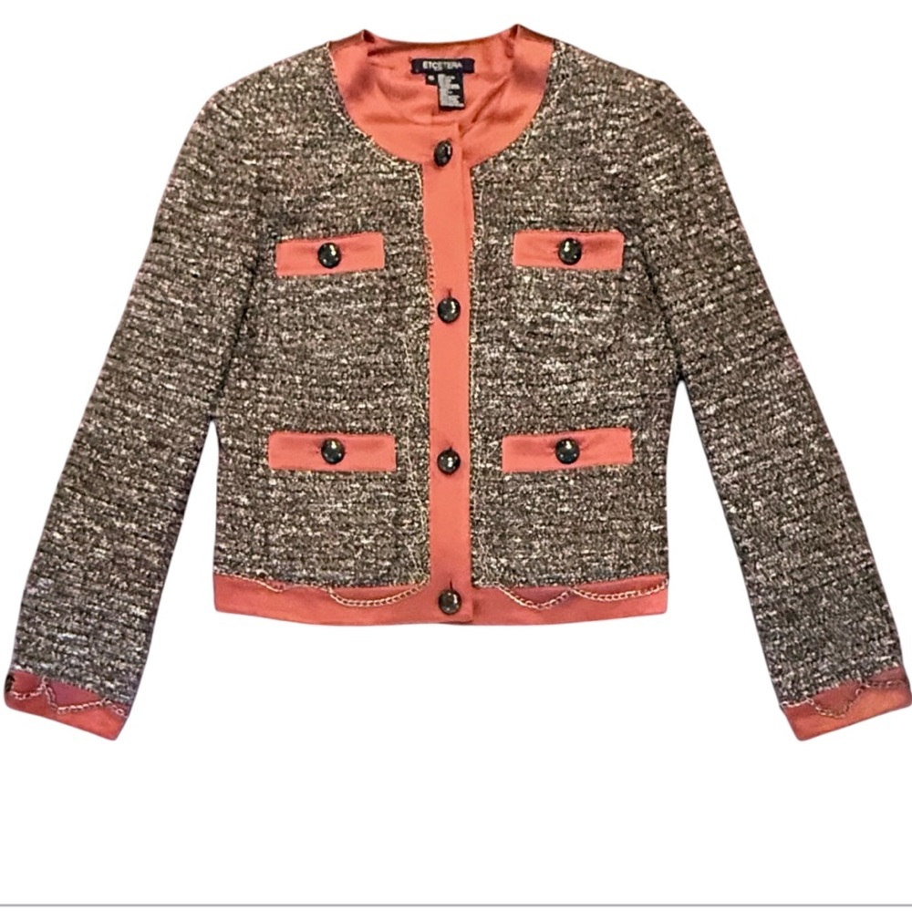 Etcetera by Carlisle Gold Chain Brown/Orange Tweed Jacket Size 10/Medium $425